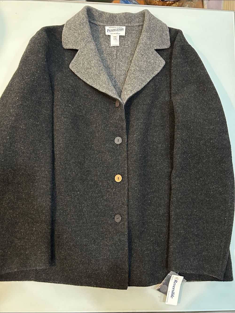 NWT Pendleton deep Charcoal and Light Gray Reversible Wool Pea Coat Hong Kong